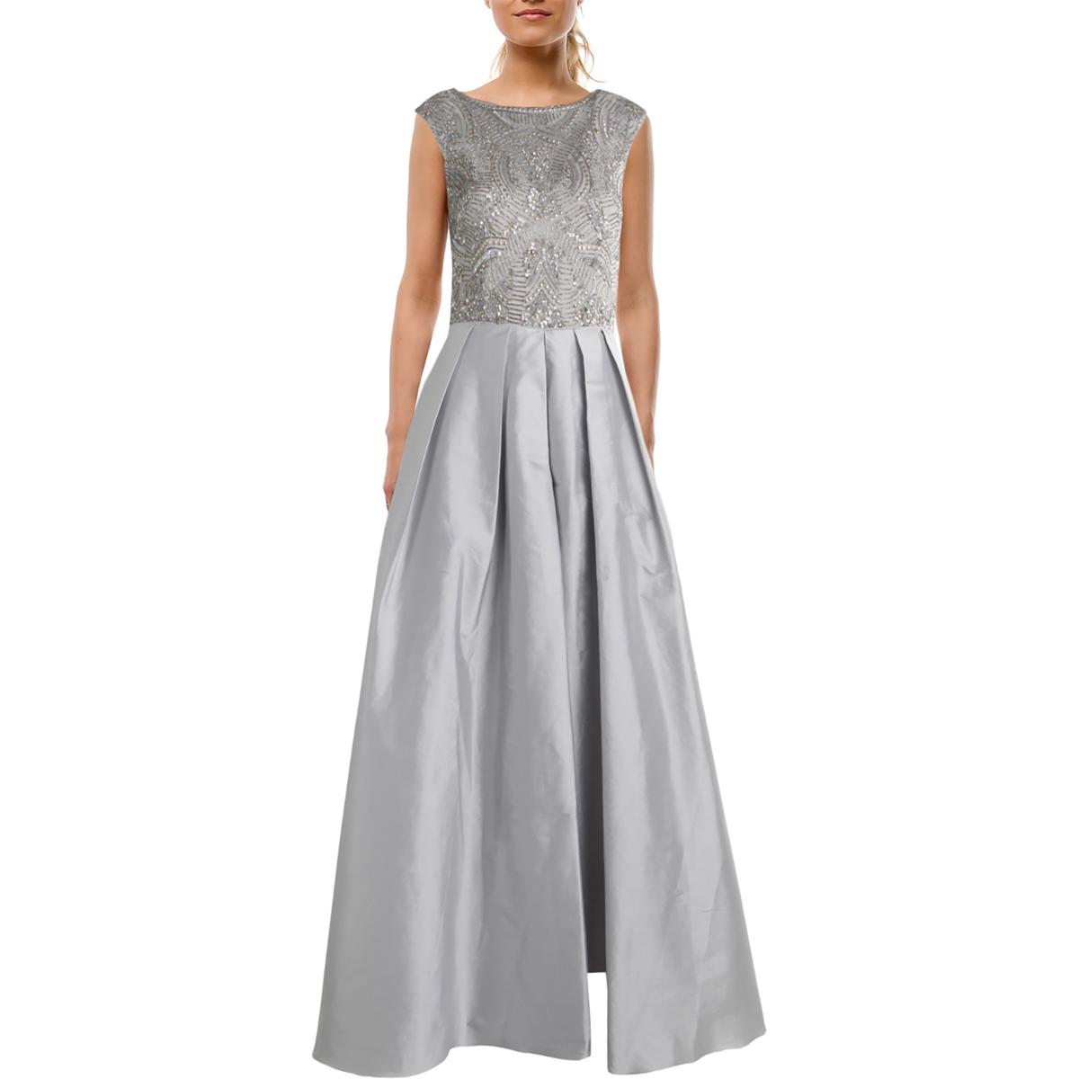 Aidan Mattox 3001 Womens Silver Taffeta Embellished Evening Dress Gown
