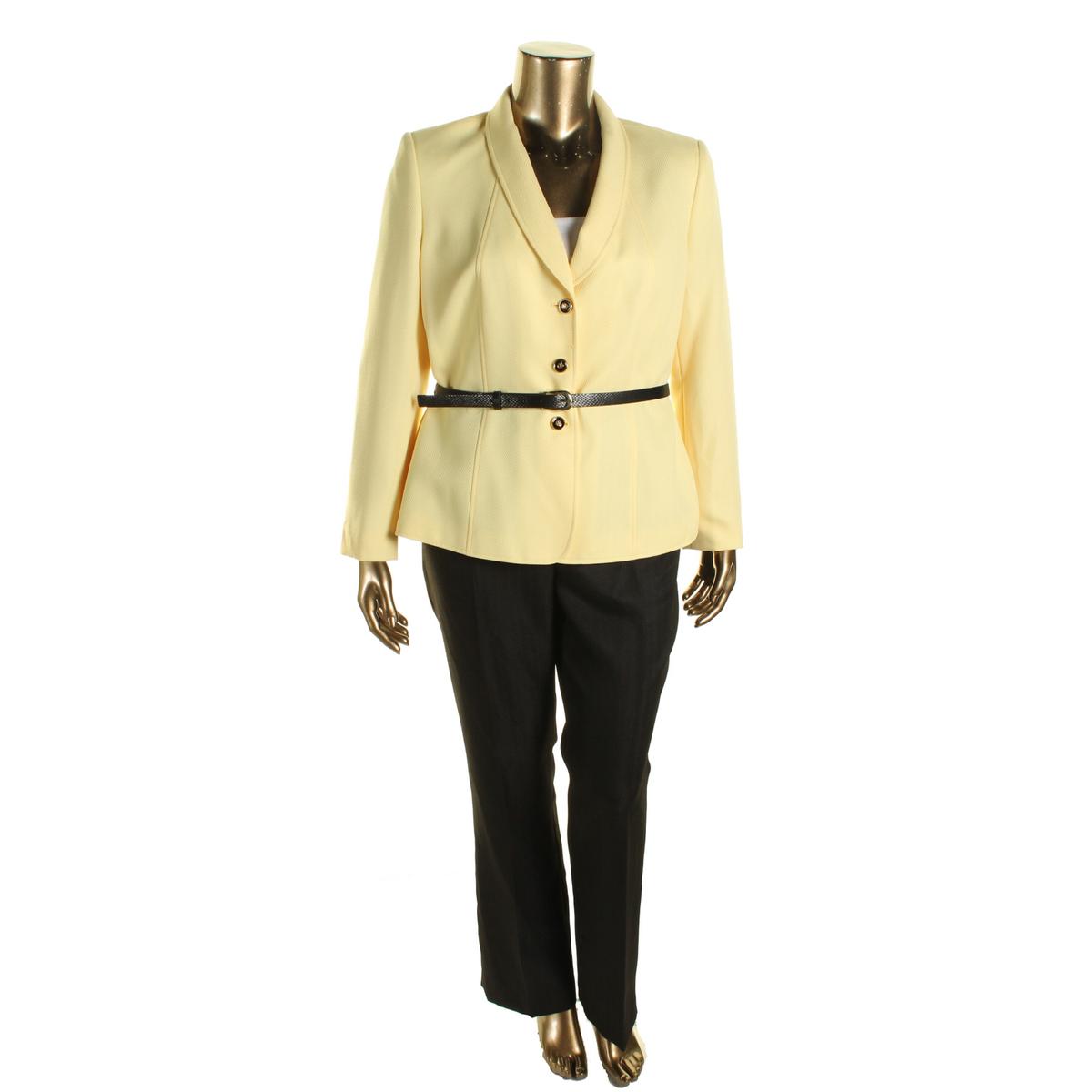 Tahari ASL 2542 Womens Yellow Herringbone Two Tone Pant Suit Plus 18 BHFO