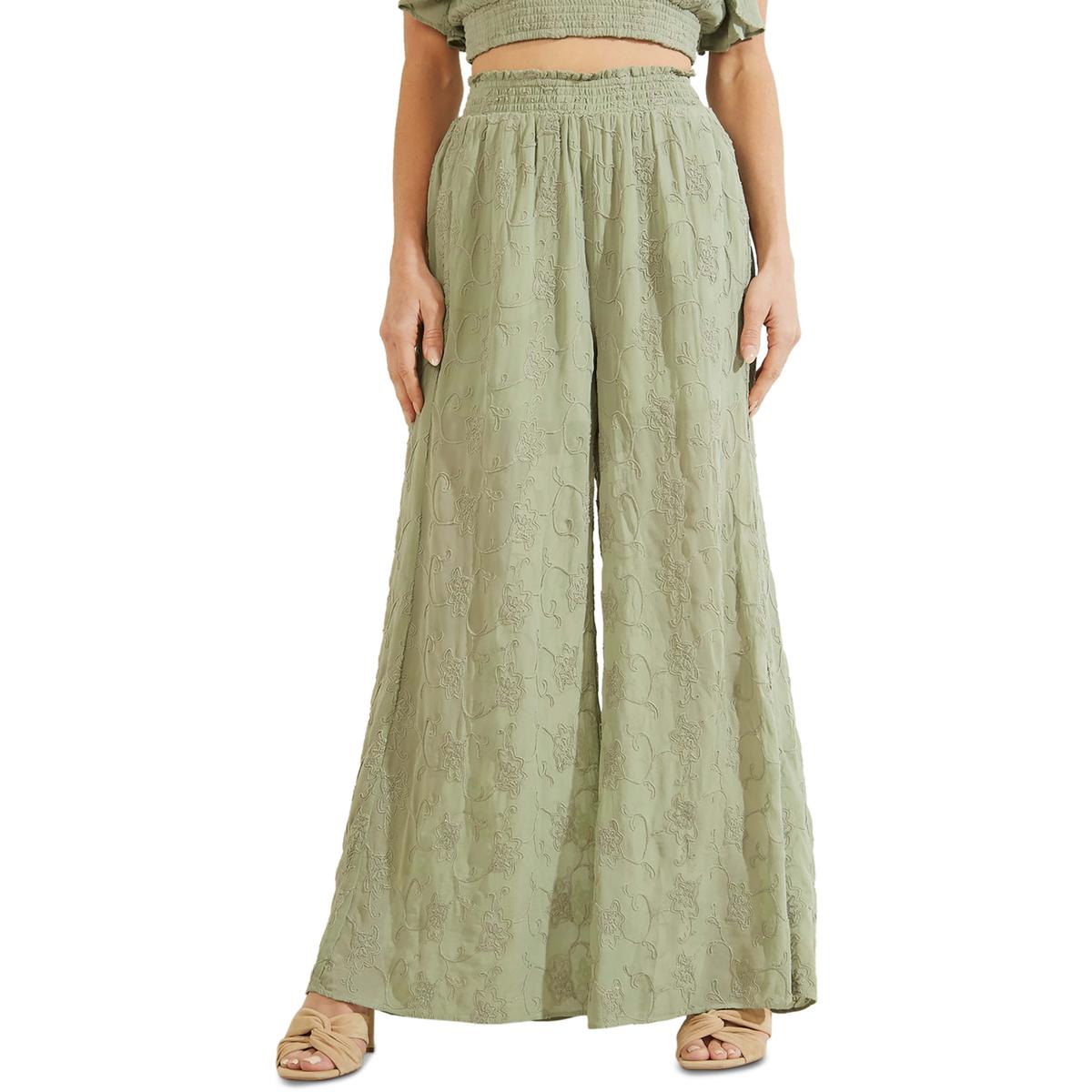 Guess Womens Embroidered Smocked Waist Relaxed Wide Leg Pants BHFO