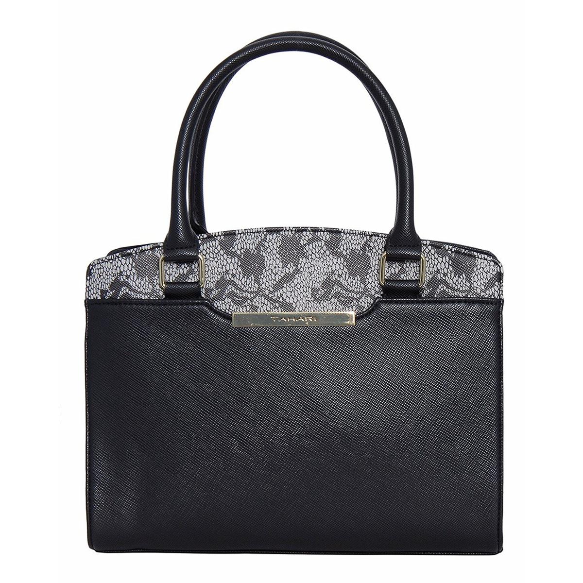Tahari Womens Lacey Black Faux Leather Satchel Handbag Purse Medium ...