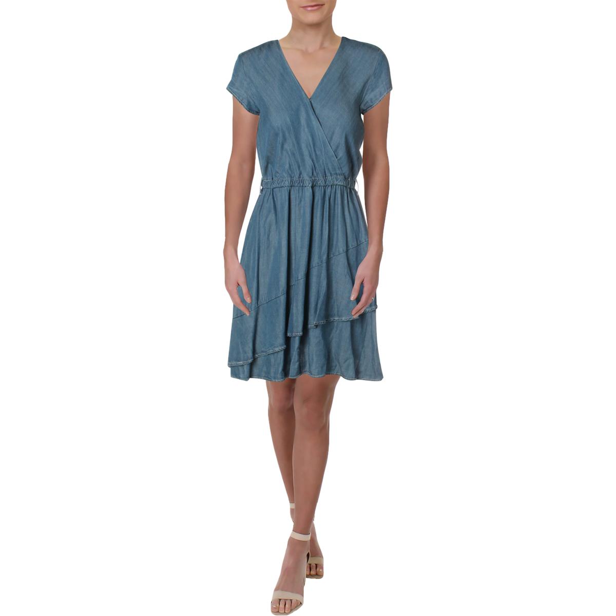 Aqua Womens Blue Tencel Faux Wrap Tiered Casual Dress S BHFO 2060 | eBay