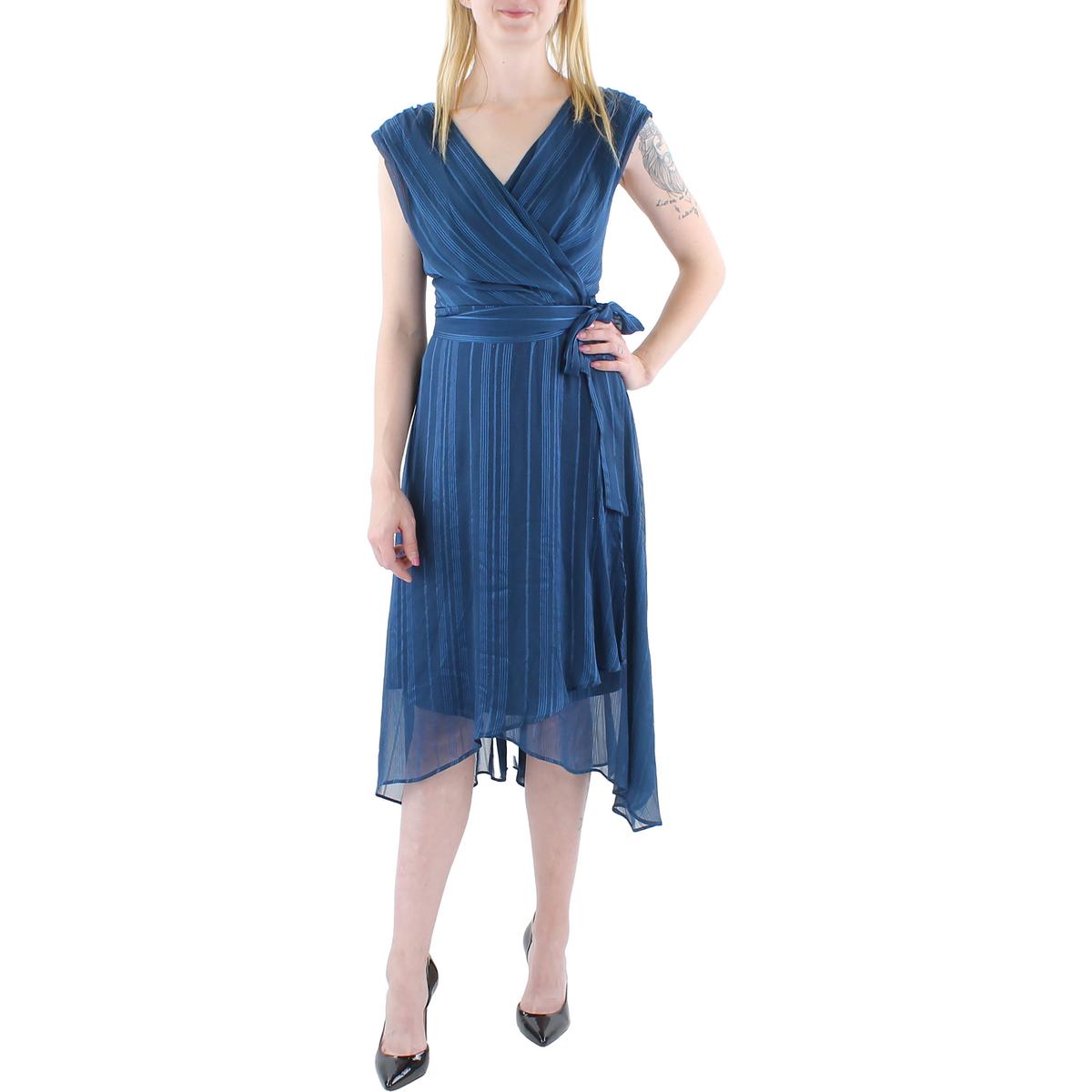 【DKNY】シック シフォン ハンカチ ドレス DKNY Womens Blue Chiffon Metallic Handkerchief Hem Wrap