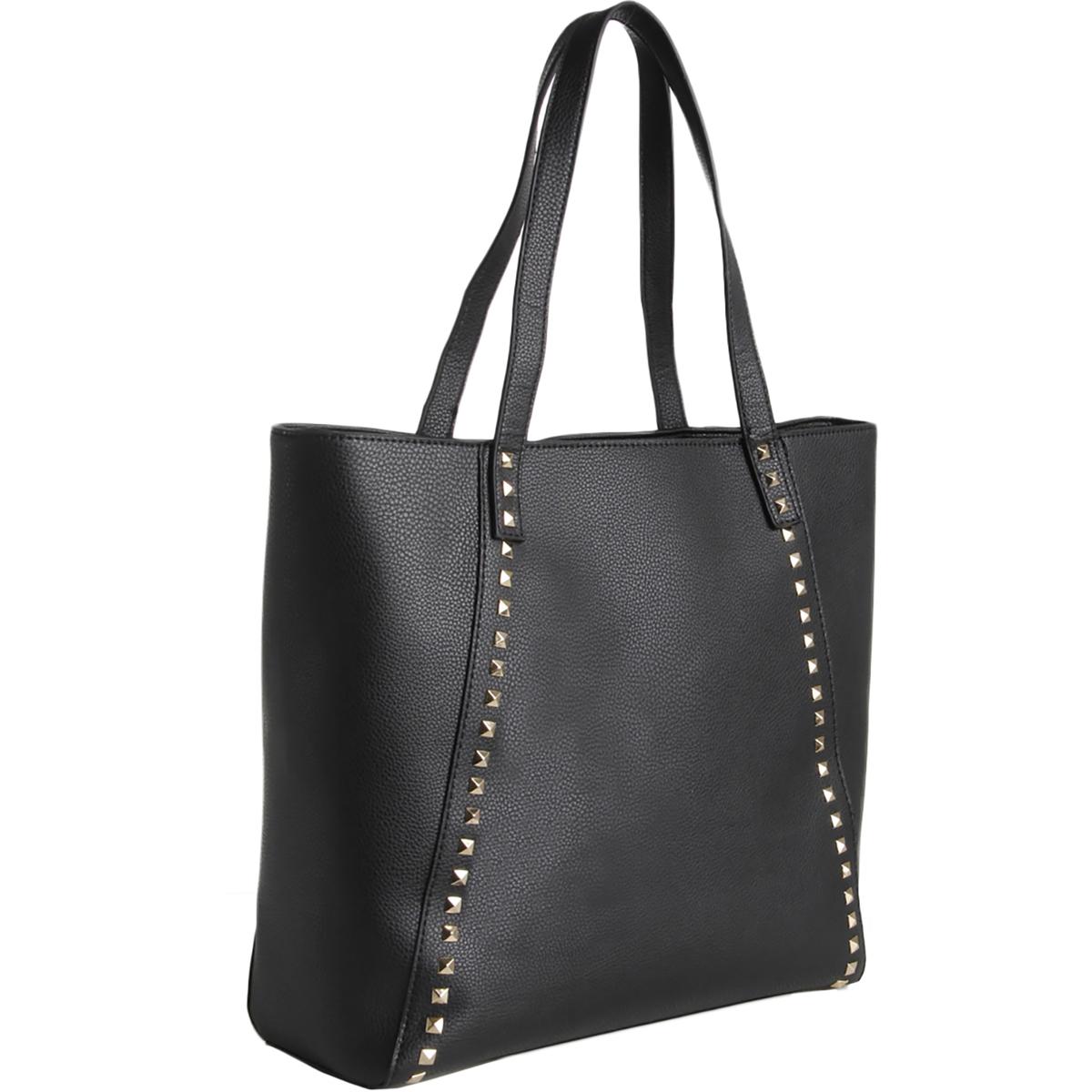 BCBG Paris Womens Black Faux Leather Studded Tote Handbag Purse Large