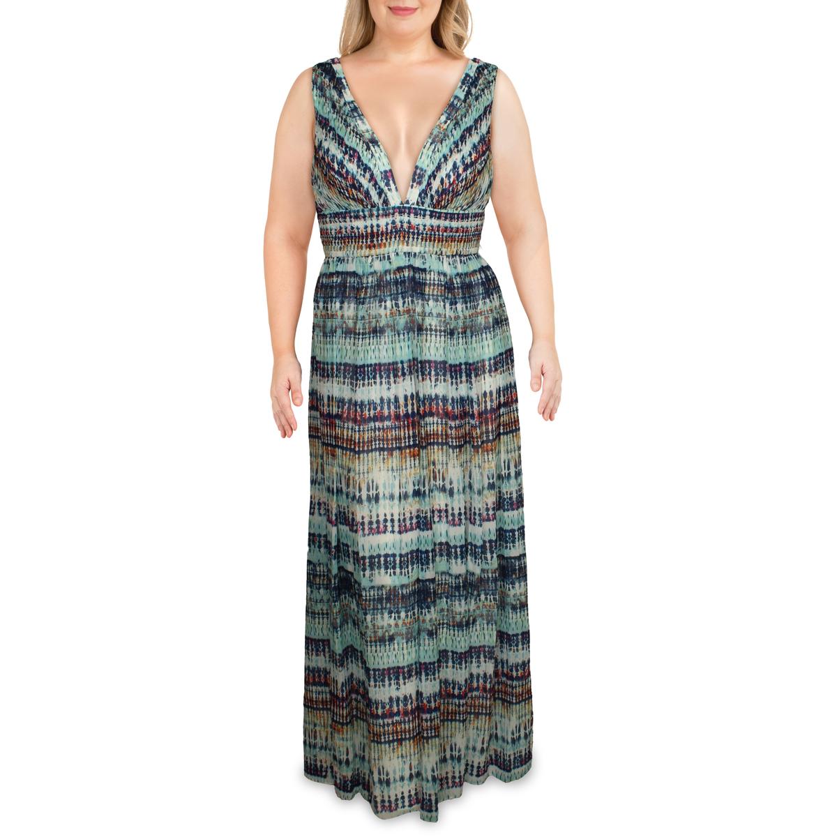 Aidan by Aidan Mattox Womens Blue Printed V Neck Maxi Dress Gown 2