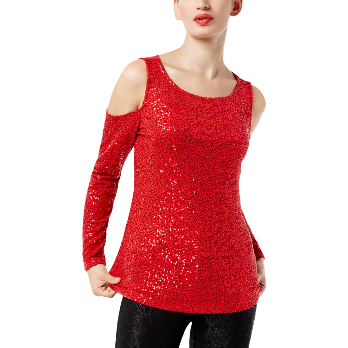 red sequin cold shoulder top
