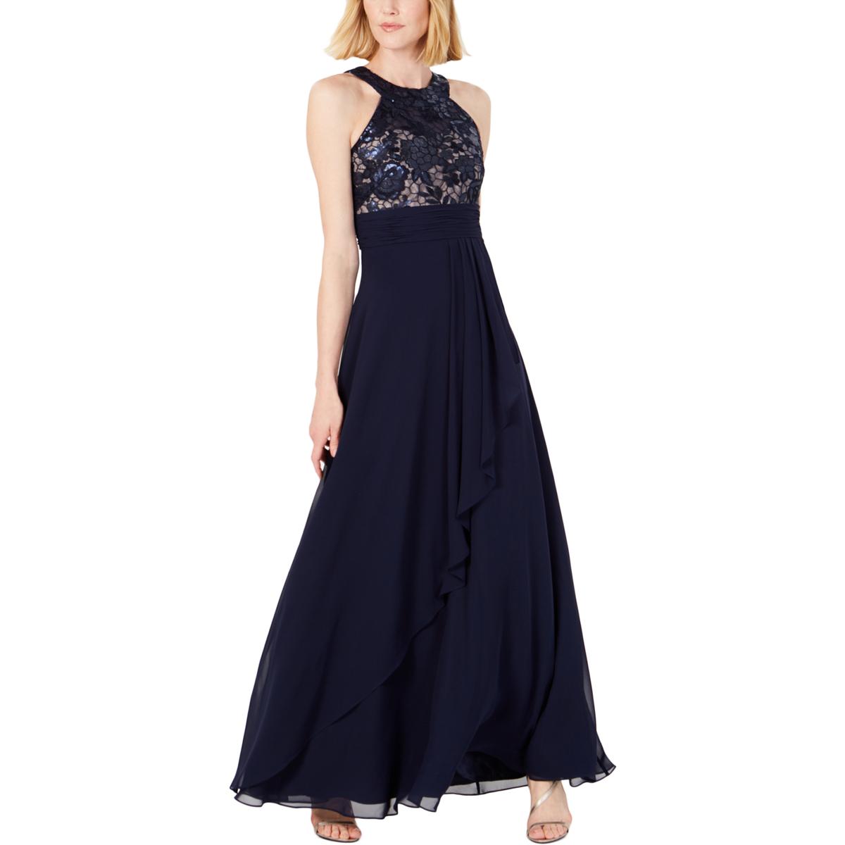 Calvin Klein Womens Navy Sequined Ruffled Formal Evening Dress Gown 6