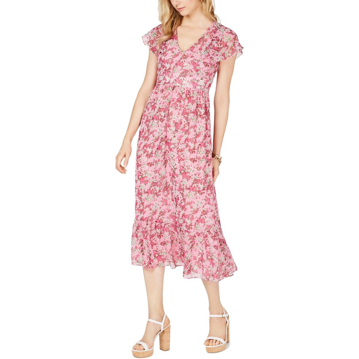MICHAEL Michael Kors Womens Enchanted Pink Floral V Neck Midi Dress 16 ...