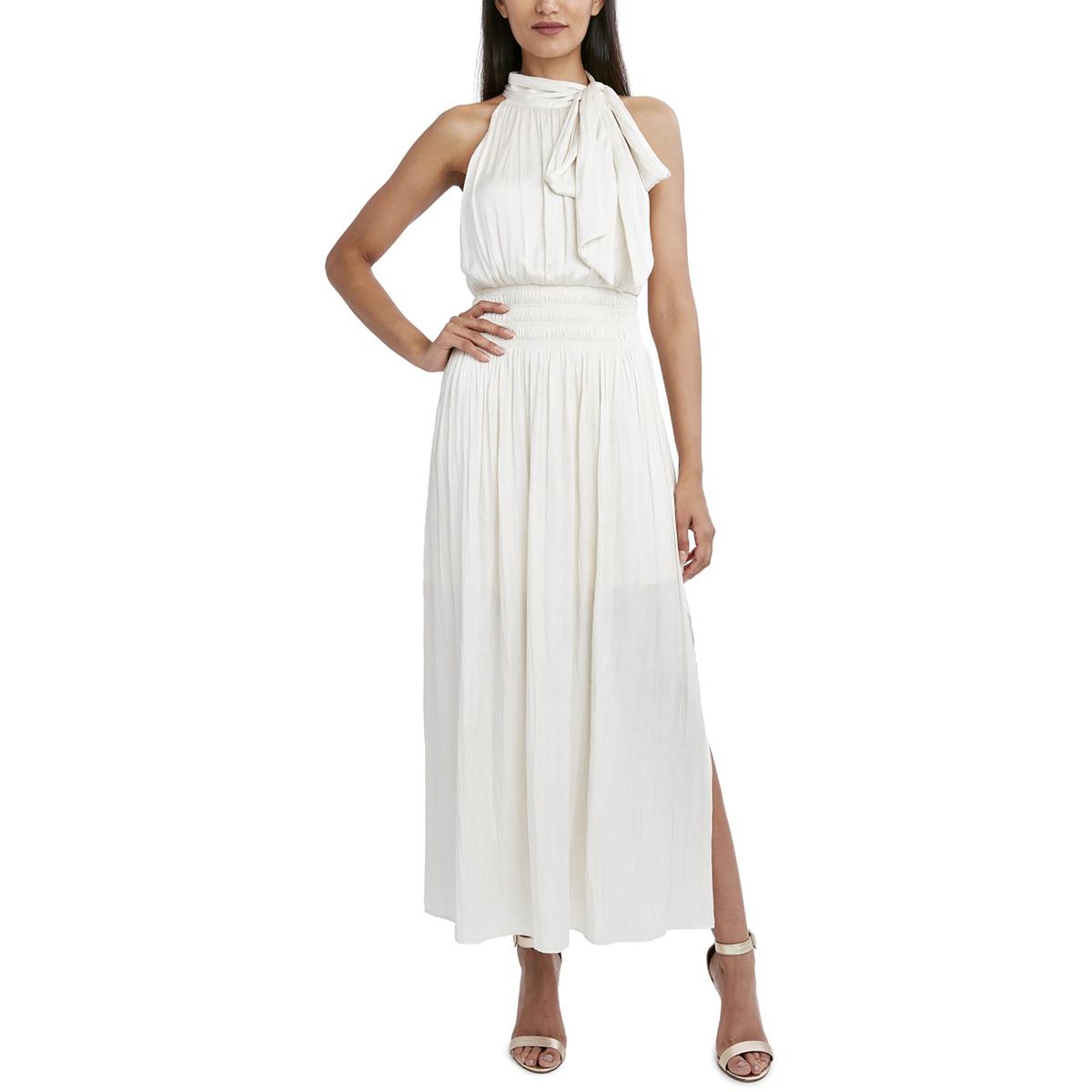 BCBGMAXAZRIA Women's Broomstick Satin Pleated Smocked Halter Maxi Dress