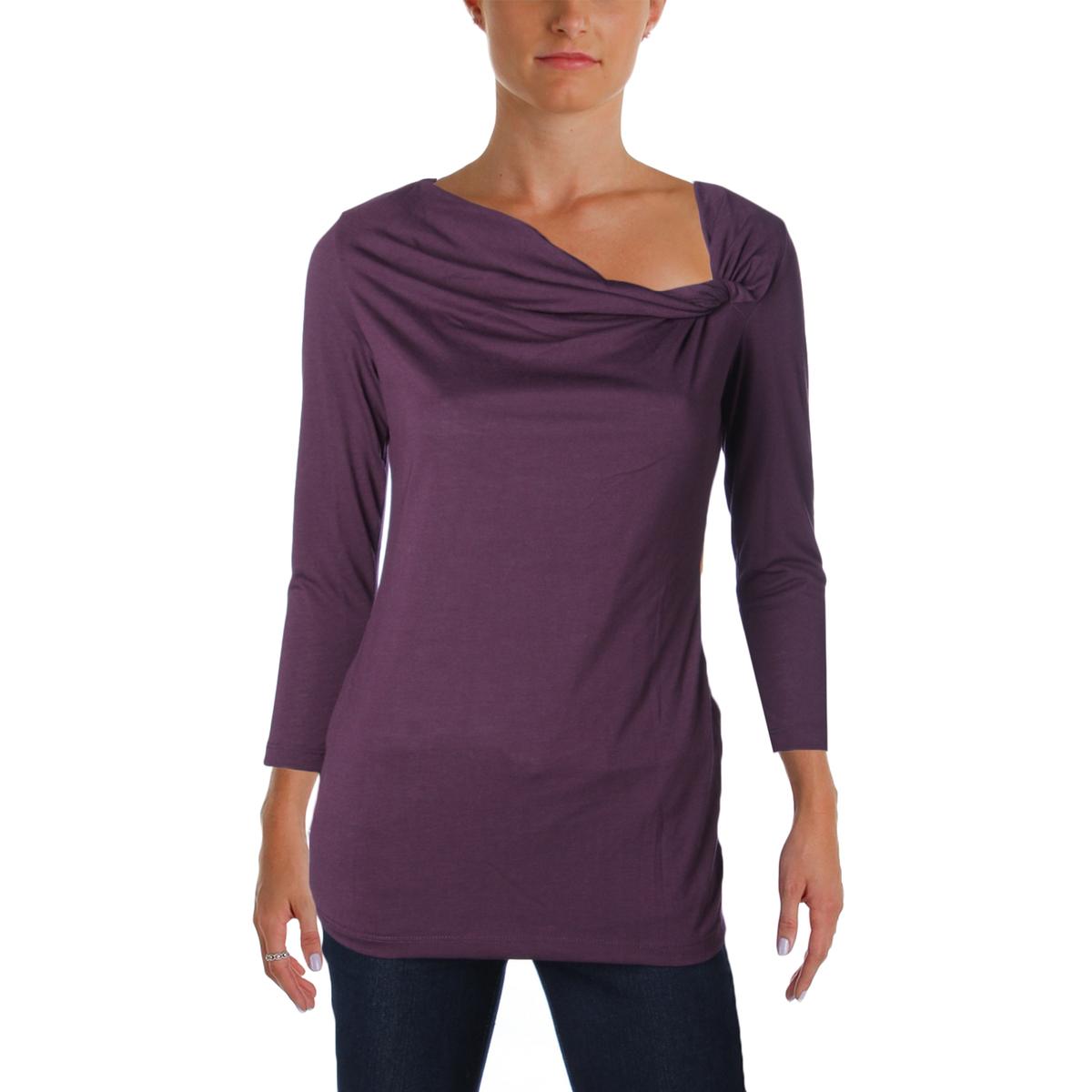 Avon Womens Purple Asymmetric Knot Front 3/4 Sleeves Tunic Top Shirt S ...