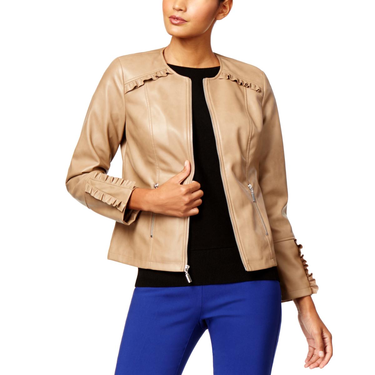 Alfani Womens Brown Spring Outerwear Ruffled Leather Coat Jacket M BHFO ...