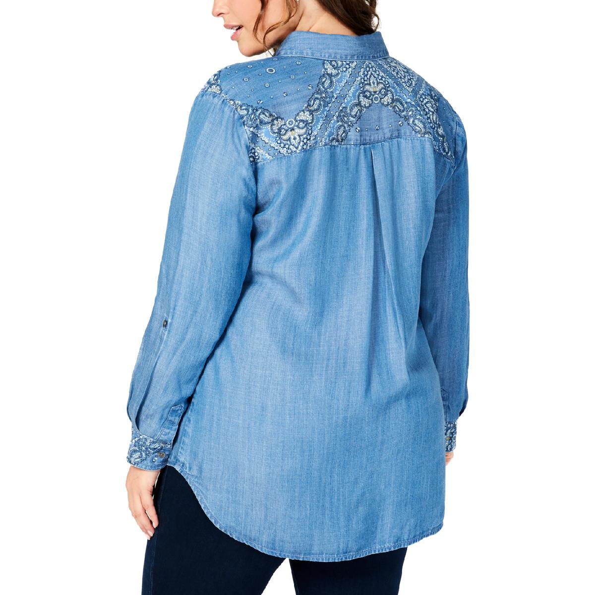 Style & Co. Womens Blue Chambray Printed Button-Down Top Shirt Plus 3X ...