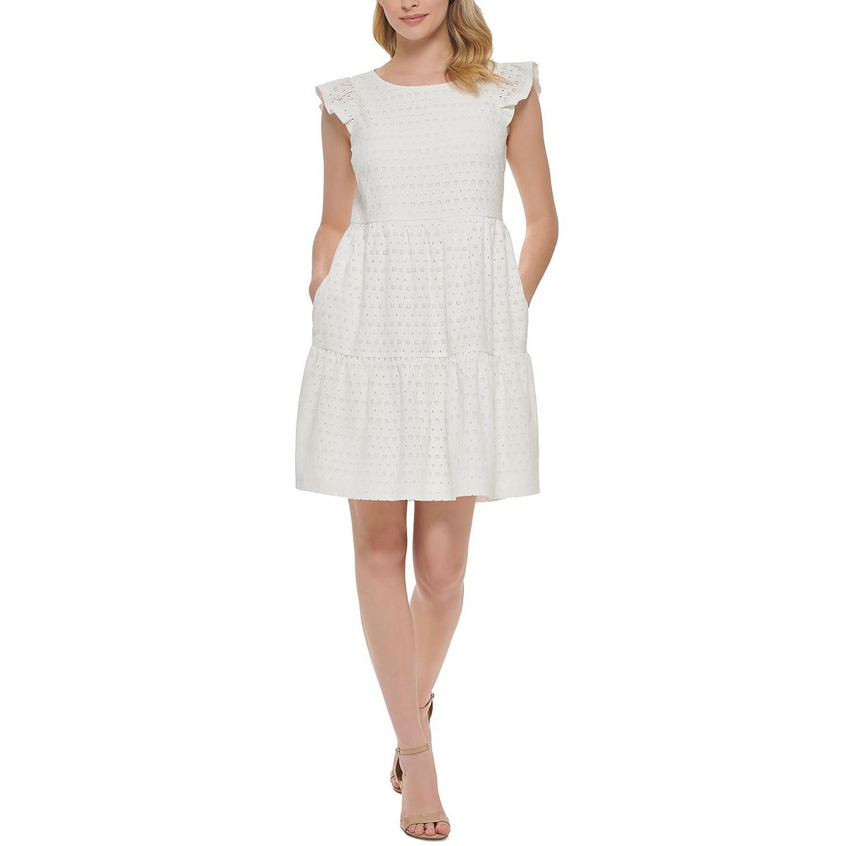 Jessica Howard Womens White Eyelet Short Tiered Mini Dress 6 BHFO