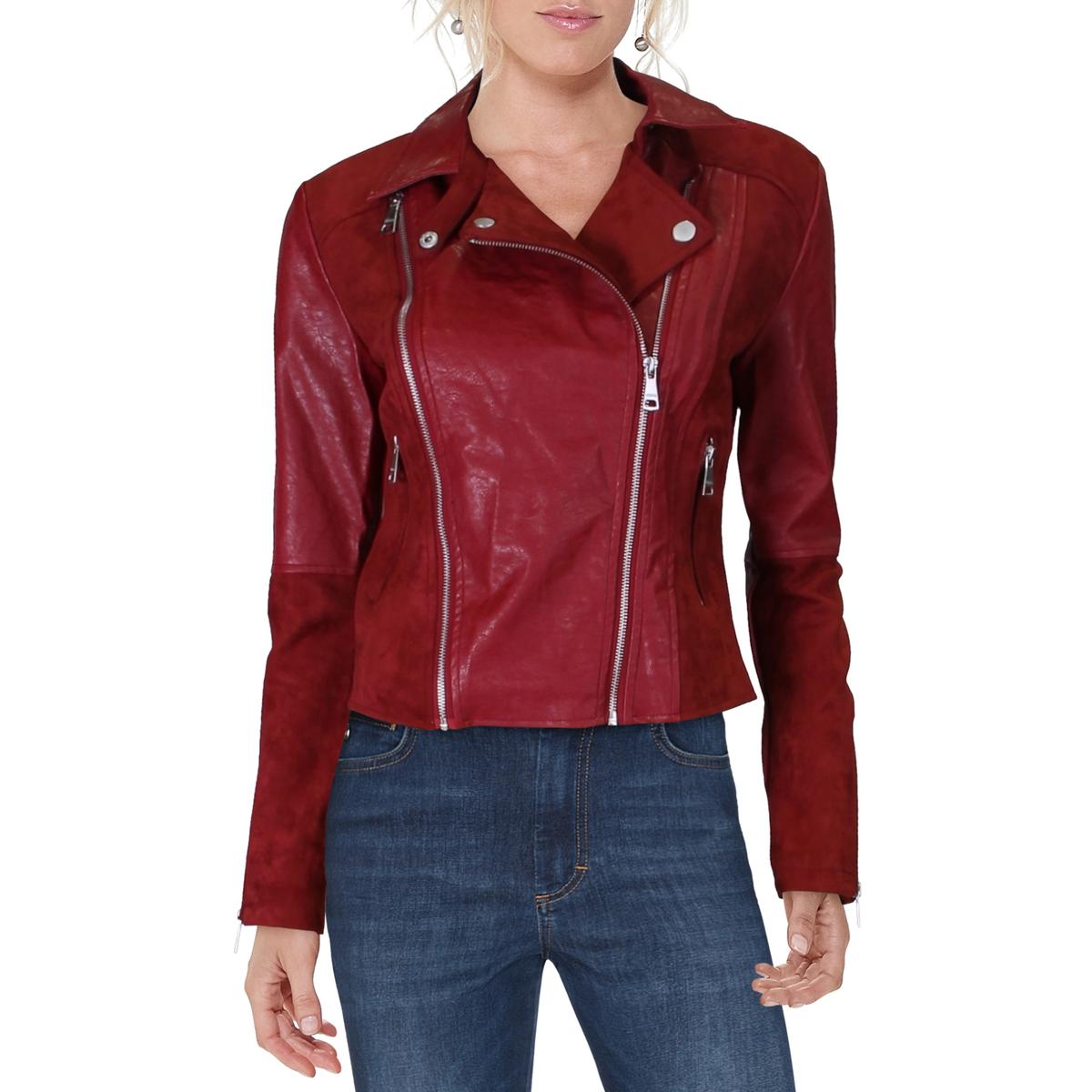 Vigoss Womens Red Faux Suede Mixed Media Motorcycle Jacket