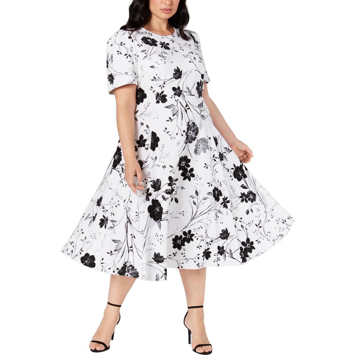 Calvin Klein Womens B/W Floral Print Fit & Flare Midi Dress Plus 14W ...