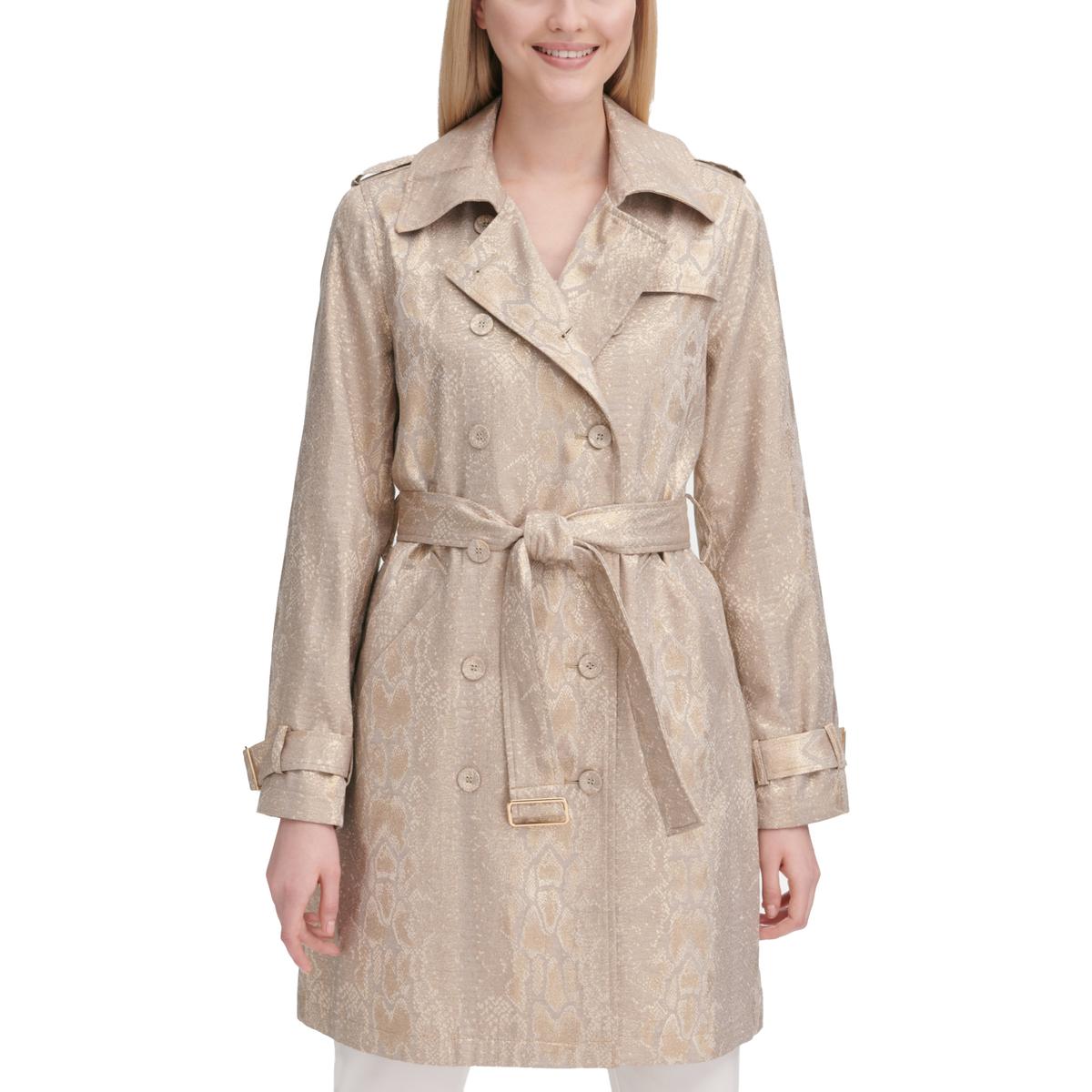 Calvin Klein Womens Gold Metallic MidLength Trench Coat Jacket XL BHFO