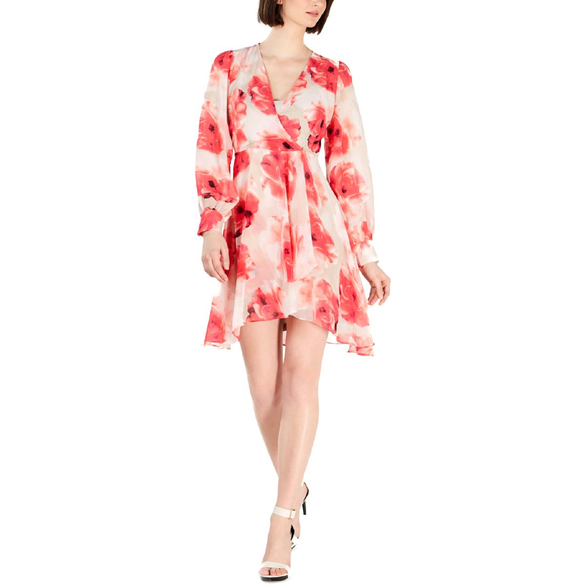 Calvin Klein Womens Pink Sheer Floral Print V-Neck Midi Dress 10 BHFO ...