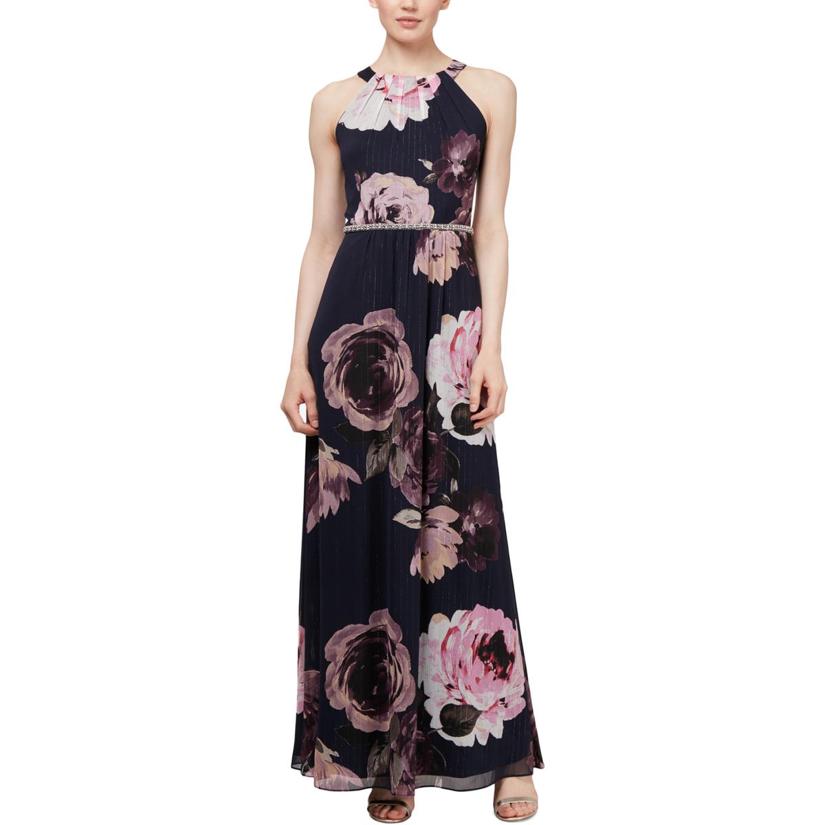 SLNY Womens Navy Embellished Floral Maxi Evening Dress Gown 10 BHFO ...