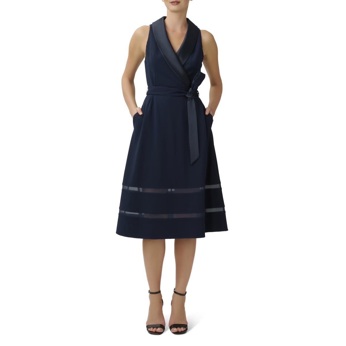 Женское темно-синее платье миди с атласной отделкой Adrianna Papell 4 BHFO 5175