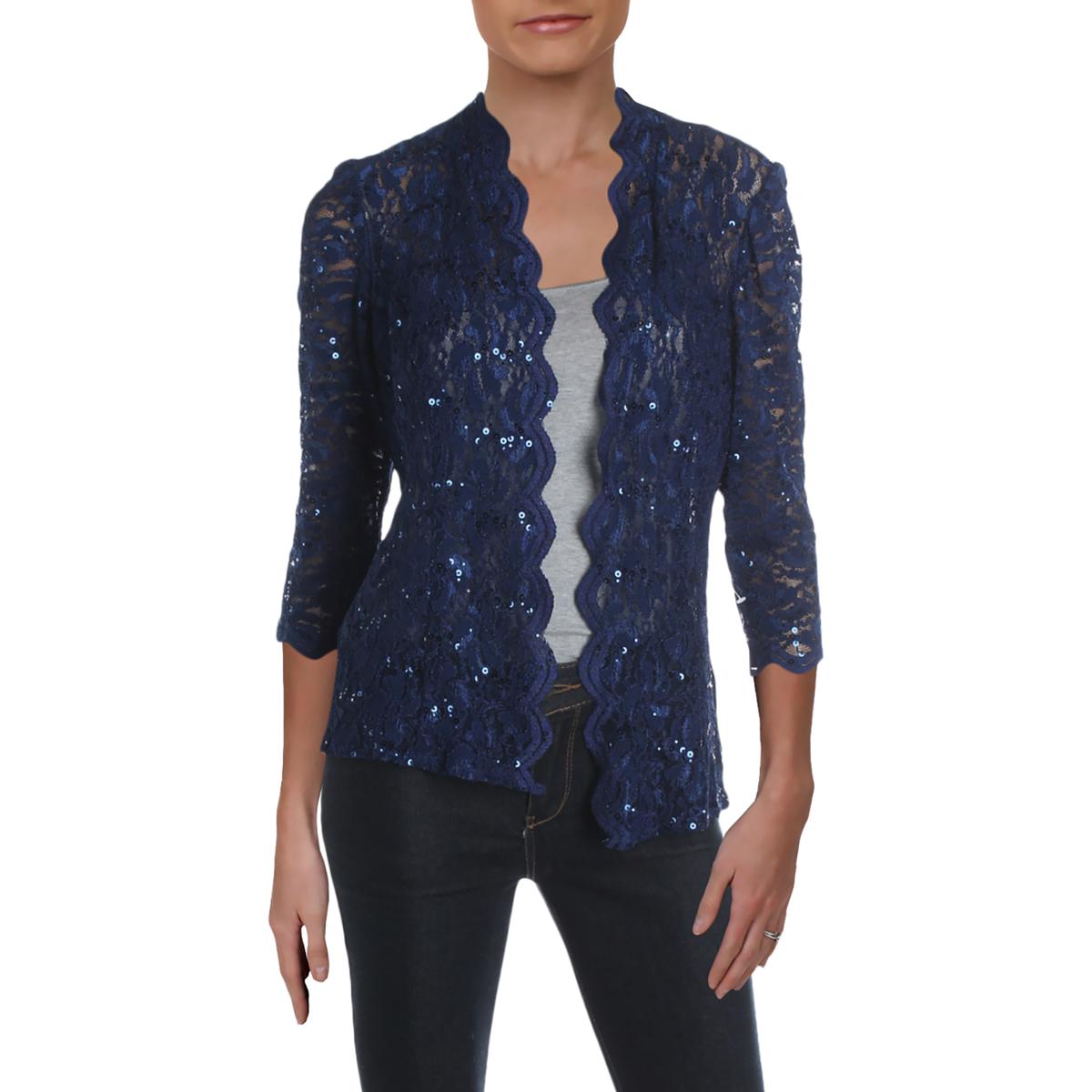 Alex Evenings Womens Navy Lace Open Front Sequined Blazer Jacket 8 BHFO