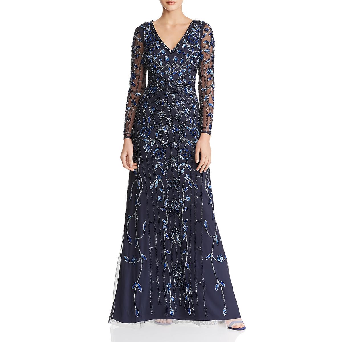 Aidan Mattox Womens Navy Beaded Long Sleeves Evening Dress Gown 6 BHFO ...