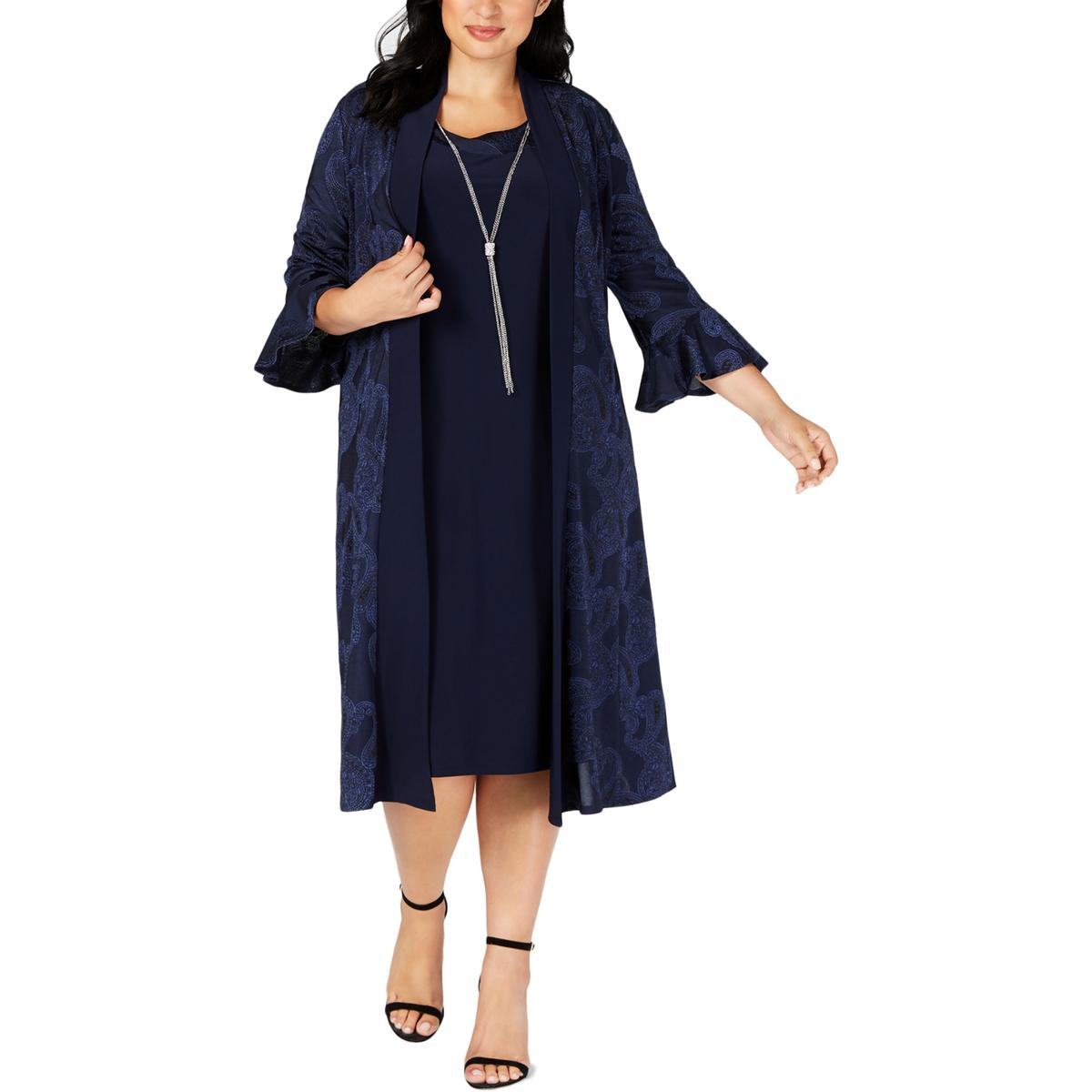 R&M Richards Woman Womens Navy 3PC Duster Dress With Cardigan Plus 18W