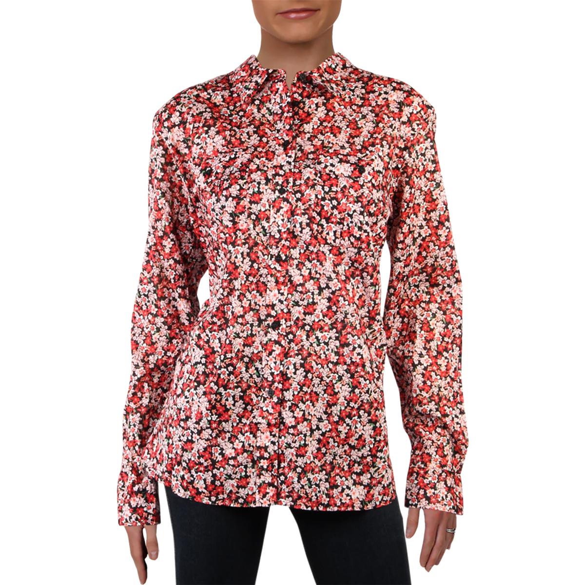 Lauren Ralph Lauren Womens Red Floral Print Button-Down Top Shirt XL ...