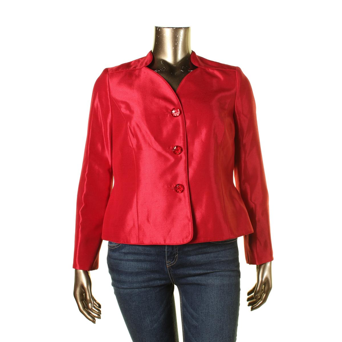 Le Suit 1457 Womens Red Shantung Collarless Three-Button Blazer Jacket ...