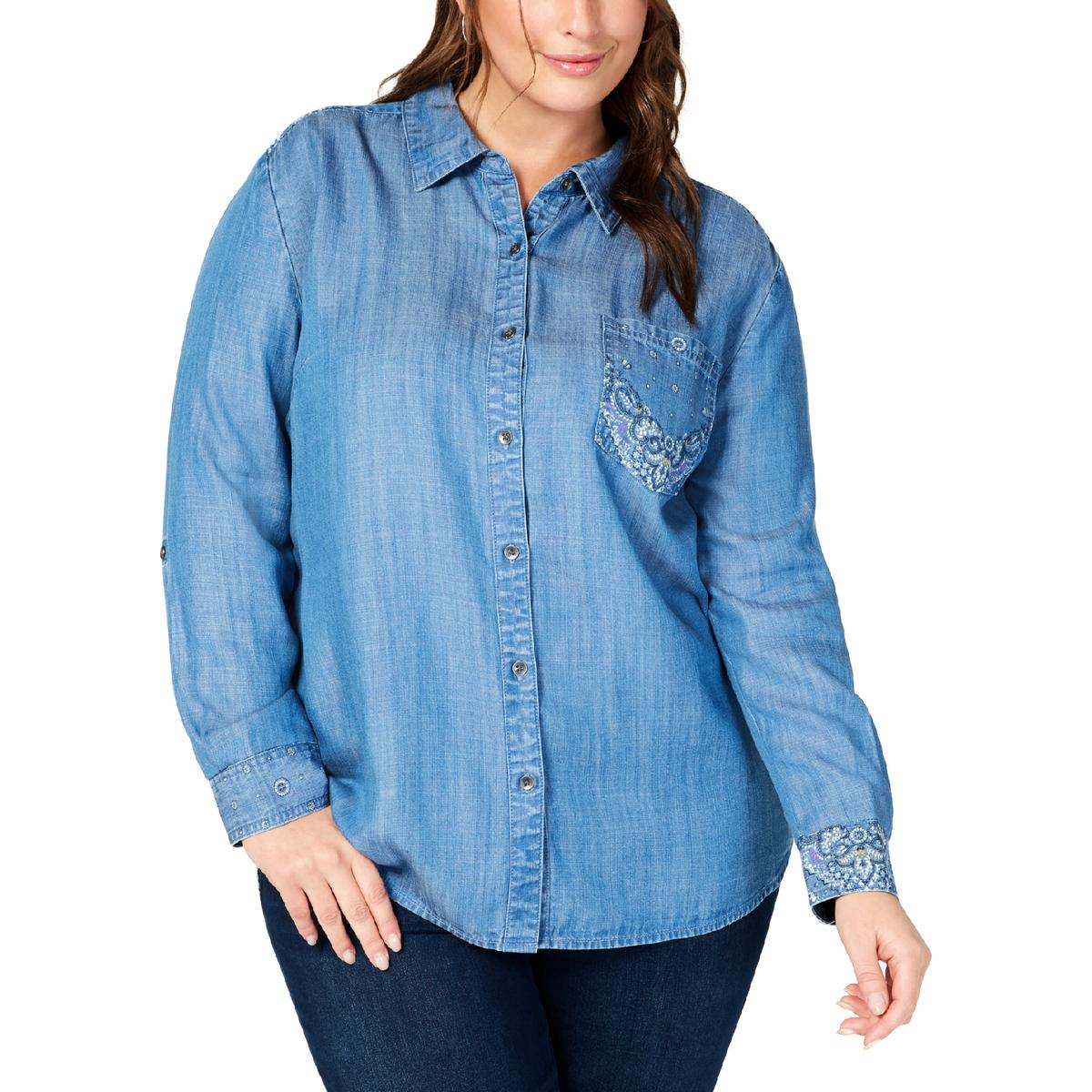 Style And Co Womens Blue Chambray Printed Button Down Top Shirt Plus 3x Bhfo 4894 Ebay