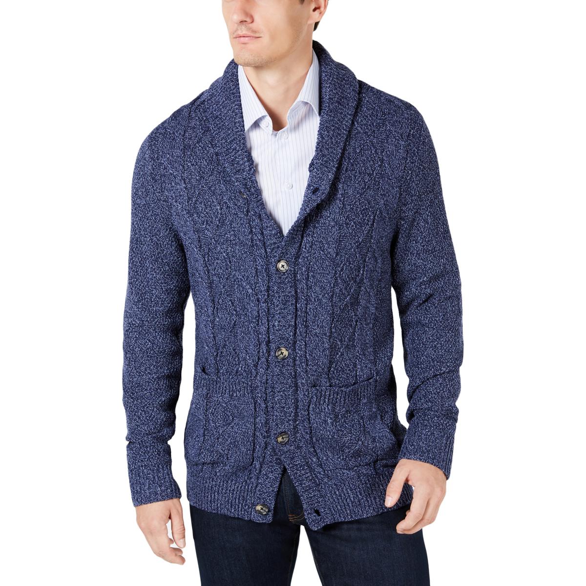 Club Room Mens Navy Cable Knit Shawl Collar Cotton Cardigan Sweater S ...