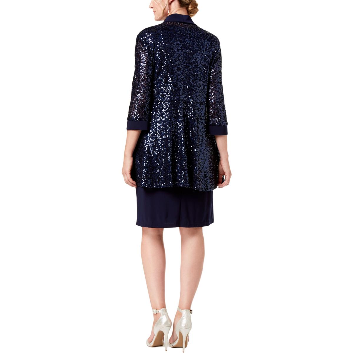 R&M Richards Womens Navy Metallic Sequined 2PC Dress With Jacket 8 BHFO