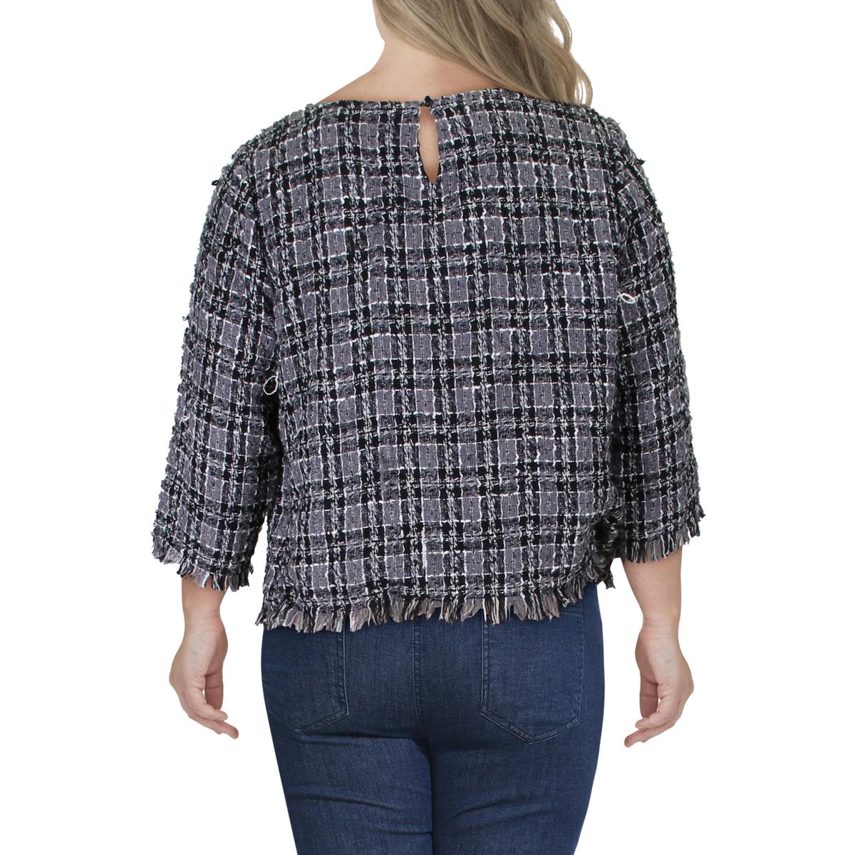 Anne Klein Womens Gray Tweed Fringed Popover Top Blouse L BHFO 6649 | eBay