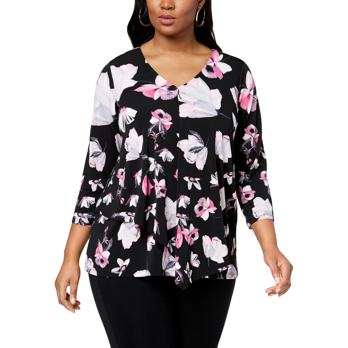 Alfani Womens Pink Floral Print 3/4 Sleeves V-Neck Blouse Top Plus 0X ...