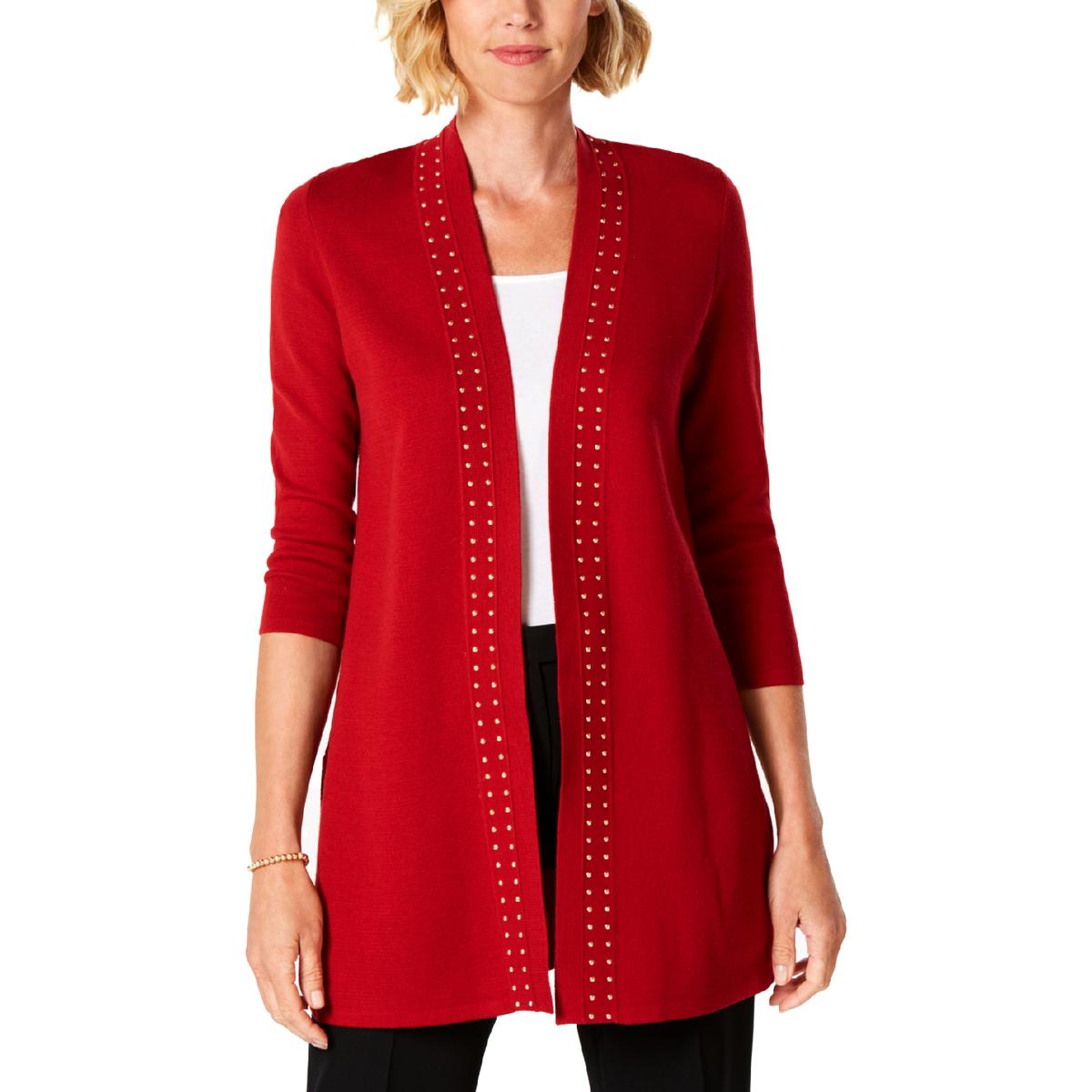 Kasper Womens Red Studded Open Front Cardigan Sweater Jacket S BHFO