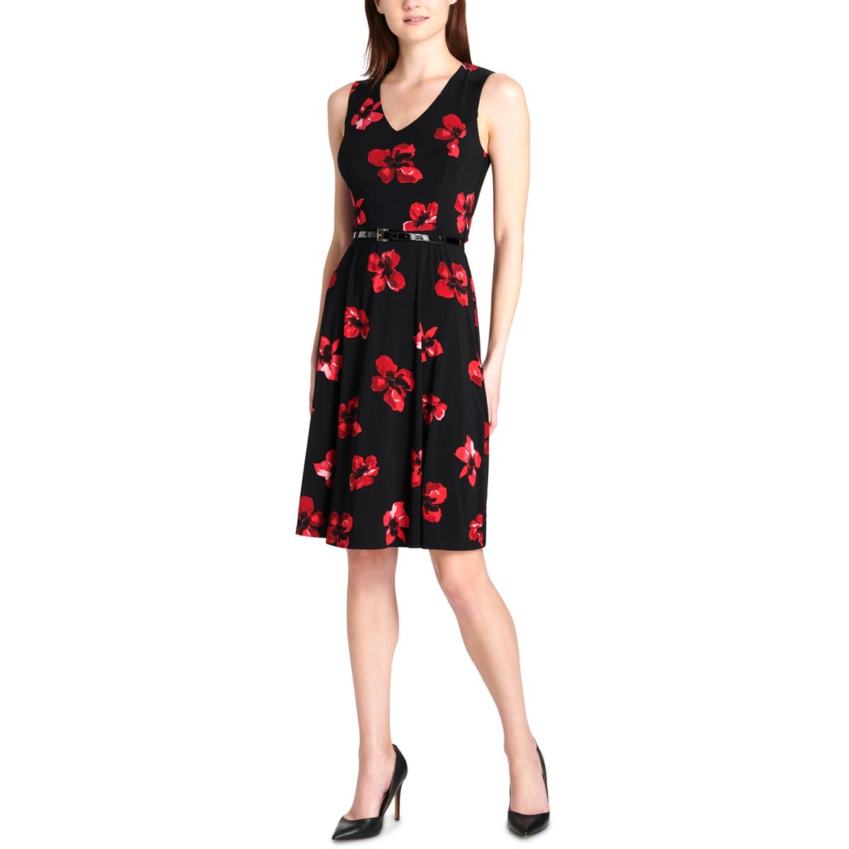 Tommy Hilfiger Womens Black Floral Print V-Neck Belted Shift Dress 10 ...