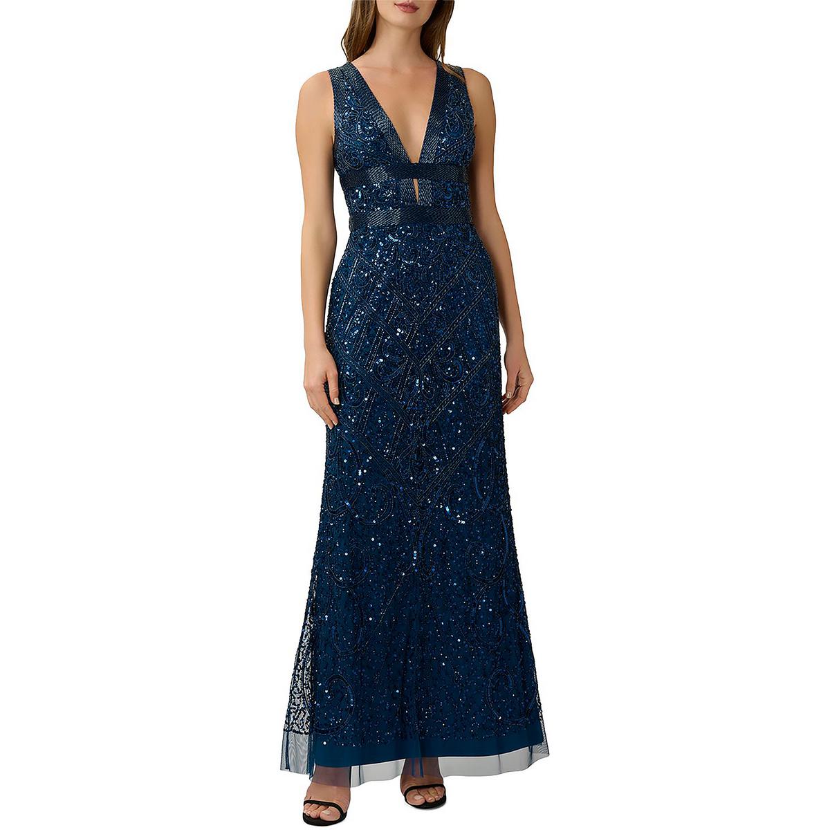 Adrianna Papell Womens Beaded Maxi V Neck Evening Dress Gown BHFO