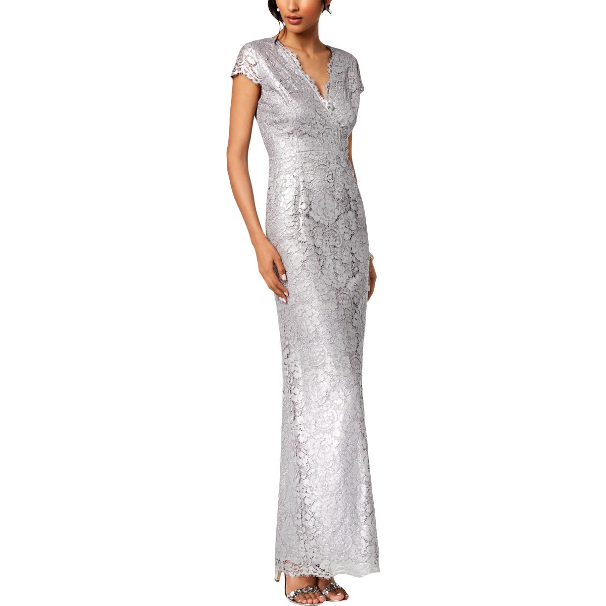 Adrianna Papell Womens Silver Lace Surplice Evening Dress Gown 4 BHFO ...