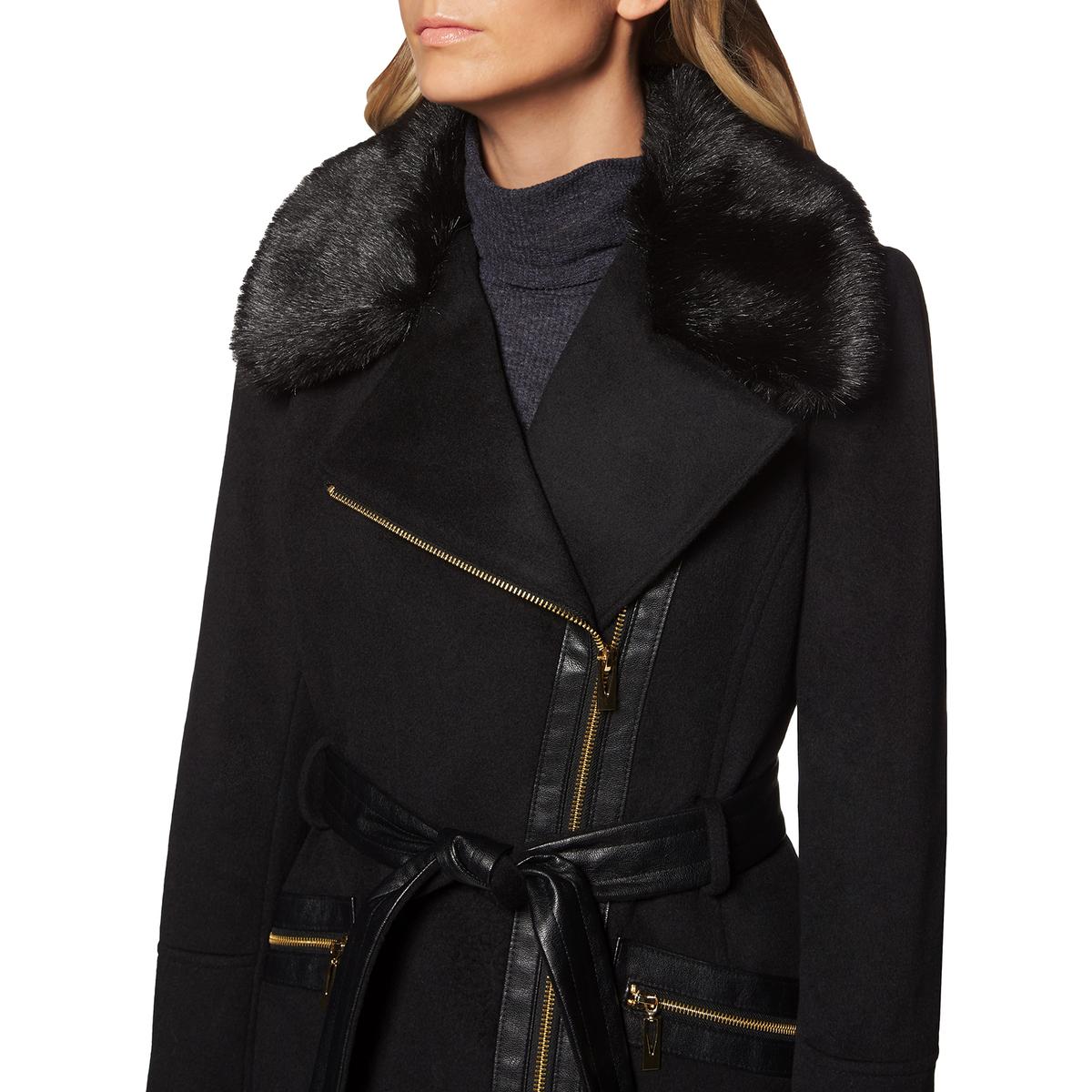 Via Spiga Faux Fur Wool Coat for Women- Slim Fitted Asymmetric Jacket with Belt | eBay