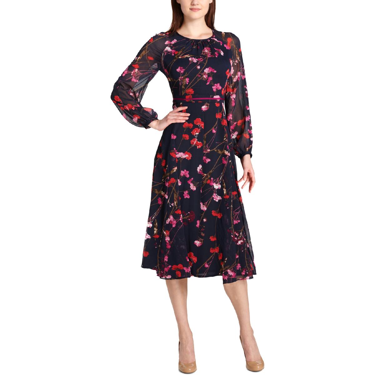 Tommy Hilfiger Womens Navy Chiffon Floral Print Casual Midi Dress 8 ...