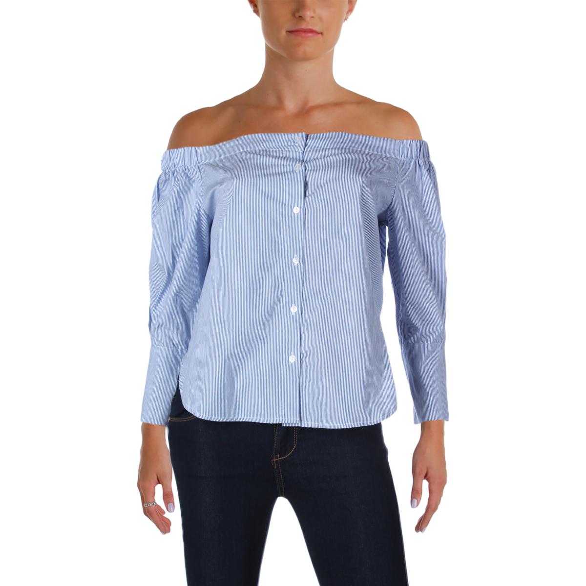 Aqua Womens Blue Striped OffTheShoulder ButtonDown Top Shirt S BHFO