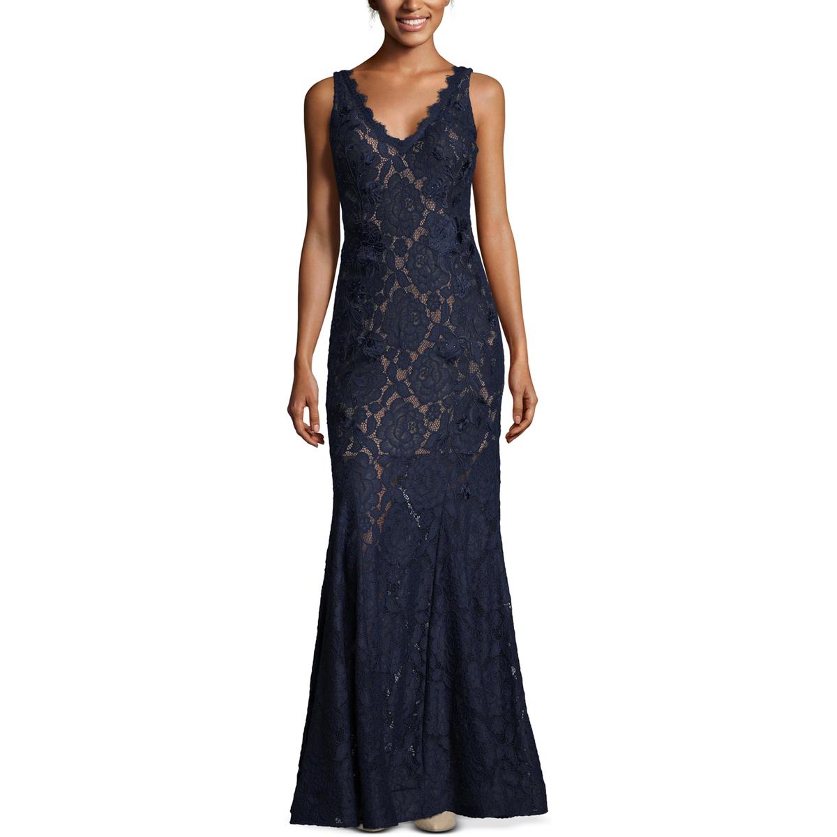 Betsy & Adam Womens Navy Lace Embroidered Evening Formal Dress Gown 6