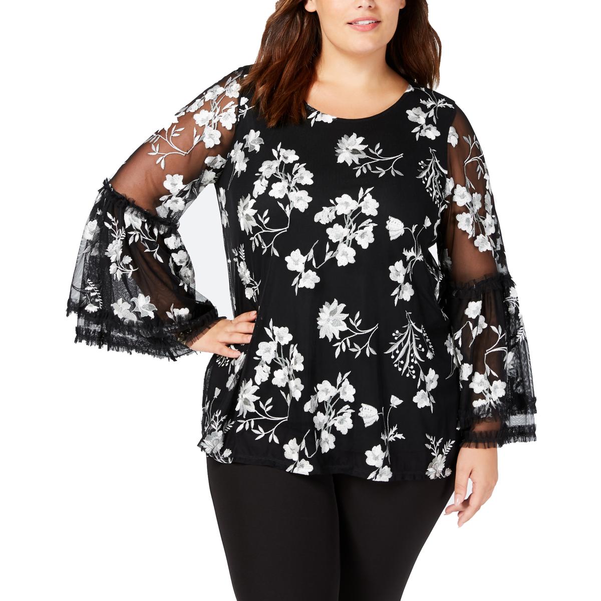 Alfani Womens B/W Floral Dressy Embroidered Blouse Top Plus 1X BHFO
