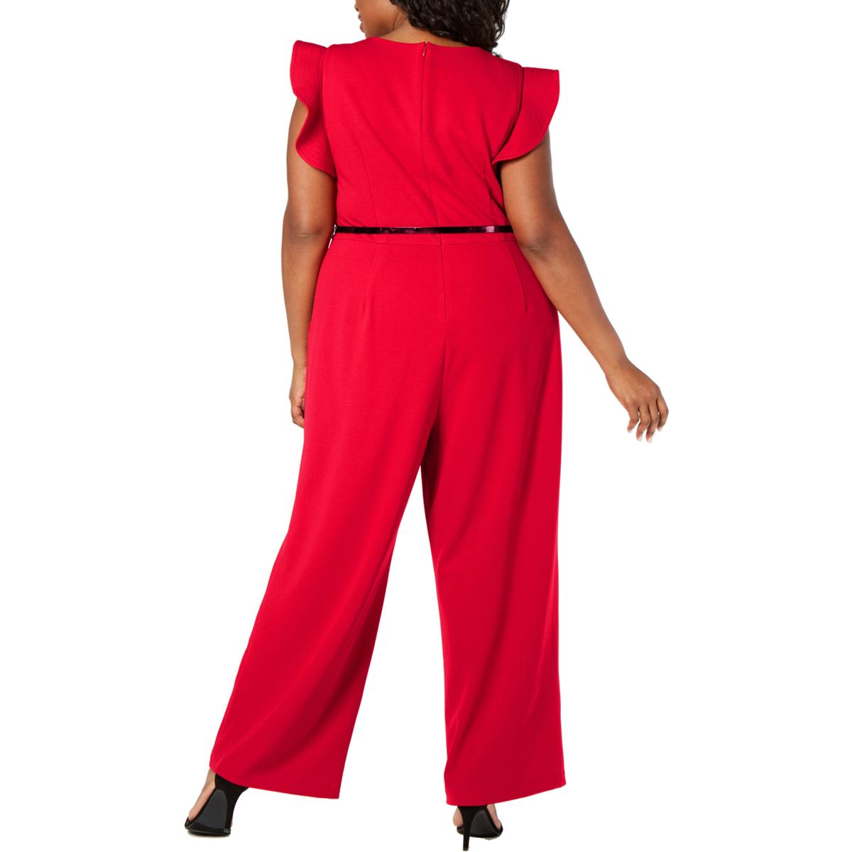 Calvin Klein Womens Red Knit Ruffled Sleeves Pleated Jumpsuit Plus 20W ...