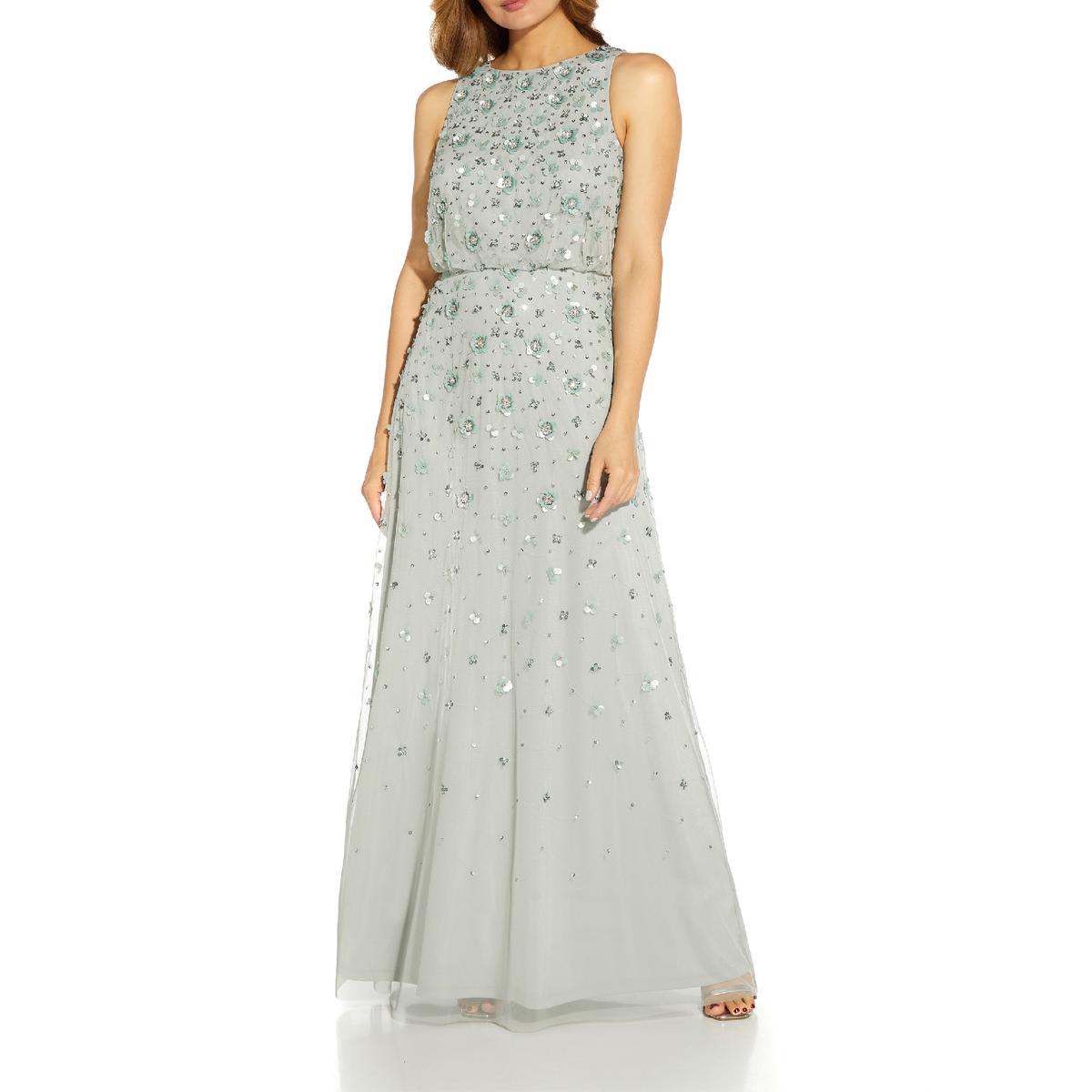 Adrianna Papell Womens Green Beaded Halter Formal Evening Dress Gown 2 BHFO 4824