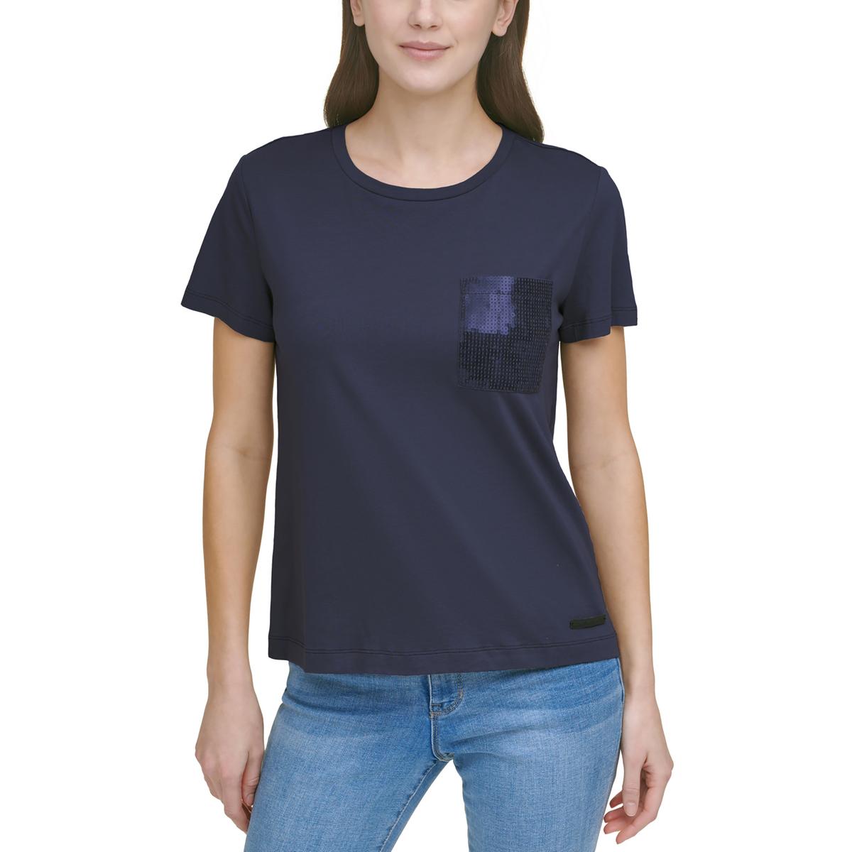 DKNY Womens Pocket Sequined Tee T-Shirt Top BHFO 0686