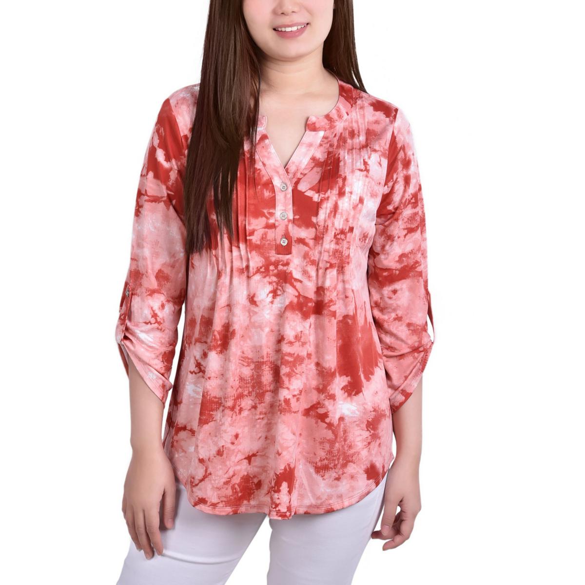 NY Collection Womens Printed Pintuck Shirt Henley Top Petites BHFO 5591