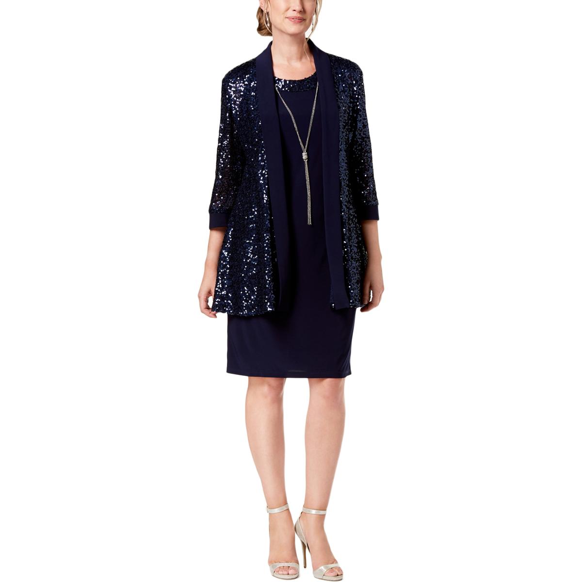 R&M Richards Womens Navy Metallic Sequined 2PC Dress With Jacket 8 BHFO ...