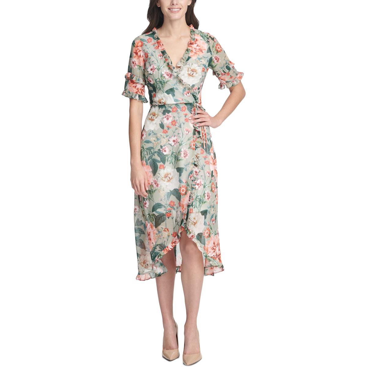 Kensie Womens Green Floral Ruffled Midi Wrap Dress 4 BHFO 2800 | eBay