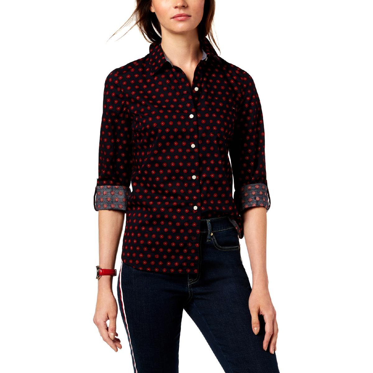 Tommy Hilfiger Womens Navy Floral Print Button Down Top Blouse Xs Bhfo 7222 Ebay