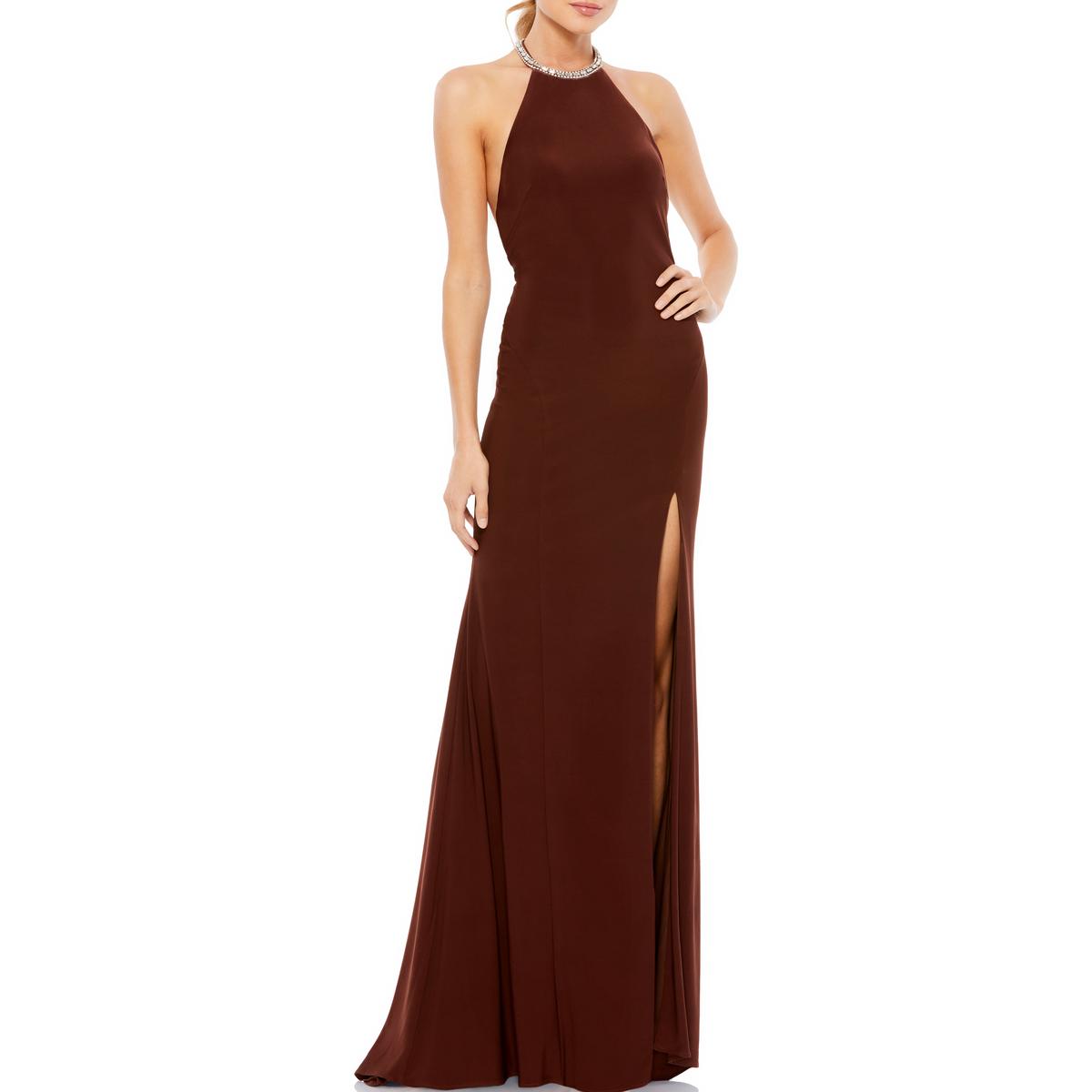 Pre-owned Mac Duggal Ieena For  Womens Halter Long Formal Evening Dress Gown Bhfo 4691 In Chocolate