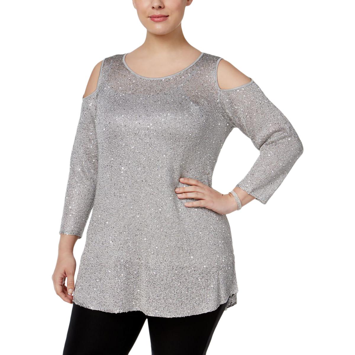 Alfani Womens Silver Sequined Scoop-neck Pullover Sweater Top Plus 2X BHFO 7478 | eBay